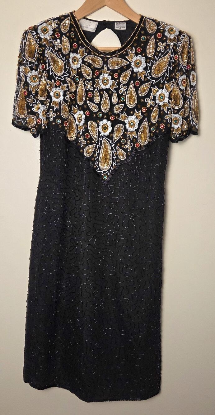 VTG Laurence Kazar Silk Beaded Dress Black Gold Sequin Cocktail Party 1980s 80s